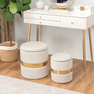 Modern Round Storage, Set Of 2 Upholstered Footstool, Vanity Stool With Metal Band For Makeup Room, Living Room And Bedroom