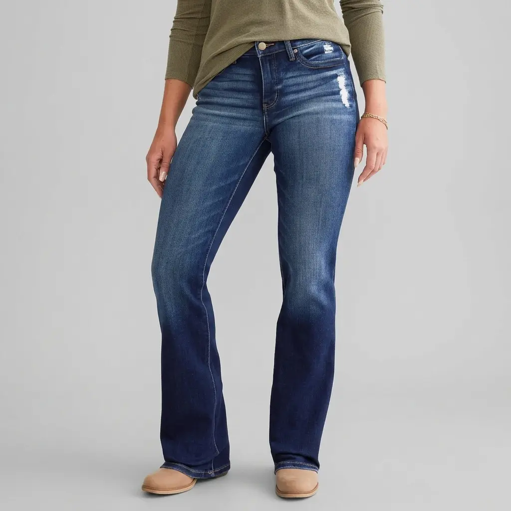 Women's Mid-Rise Deep Blue Washed Denim Mother Jeans - Retro Straight Slight Flare, Distressed, Slimming Leg-Lengthening, Hip-Flattering, Elastic Comfortable Everyday Pants with Pockets, American Vintage Vibe for U.S. Females