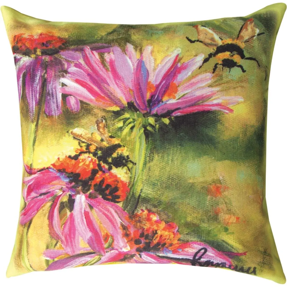 212 MAIN 18x18 in Climaweave Indoor-Outdoor Pillow with Critter-Themed Insert, Vibrant Bee Print, Floral Patio Decor