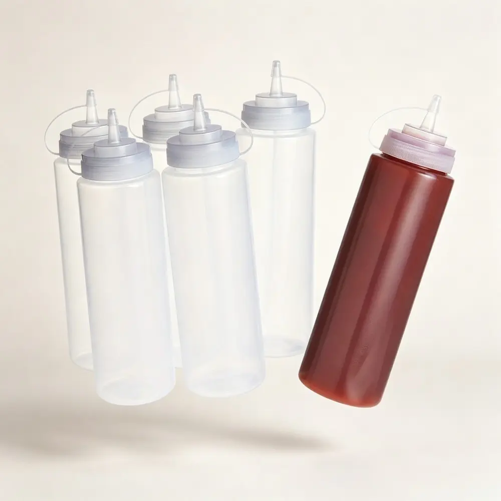 6 Pack Plastic Squeeze Condiment Bottles for Cooking - Clear Sauce Dispenser with Measurement Scale for Ketchup Mustard Salad Dressing Oil Vinegar Leakproof Nozzle for Kitchen Restaurant BBQ