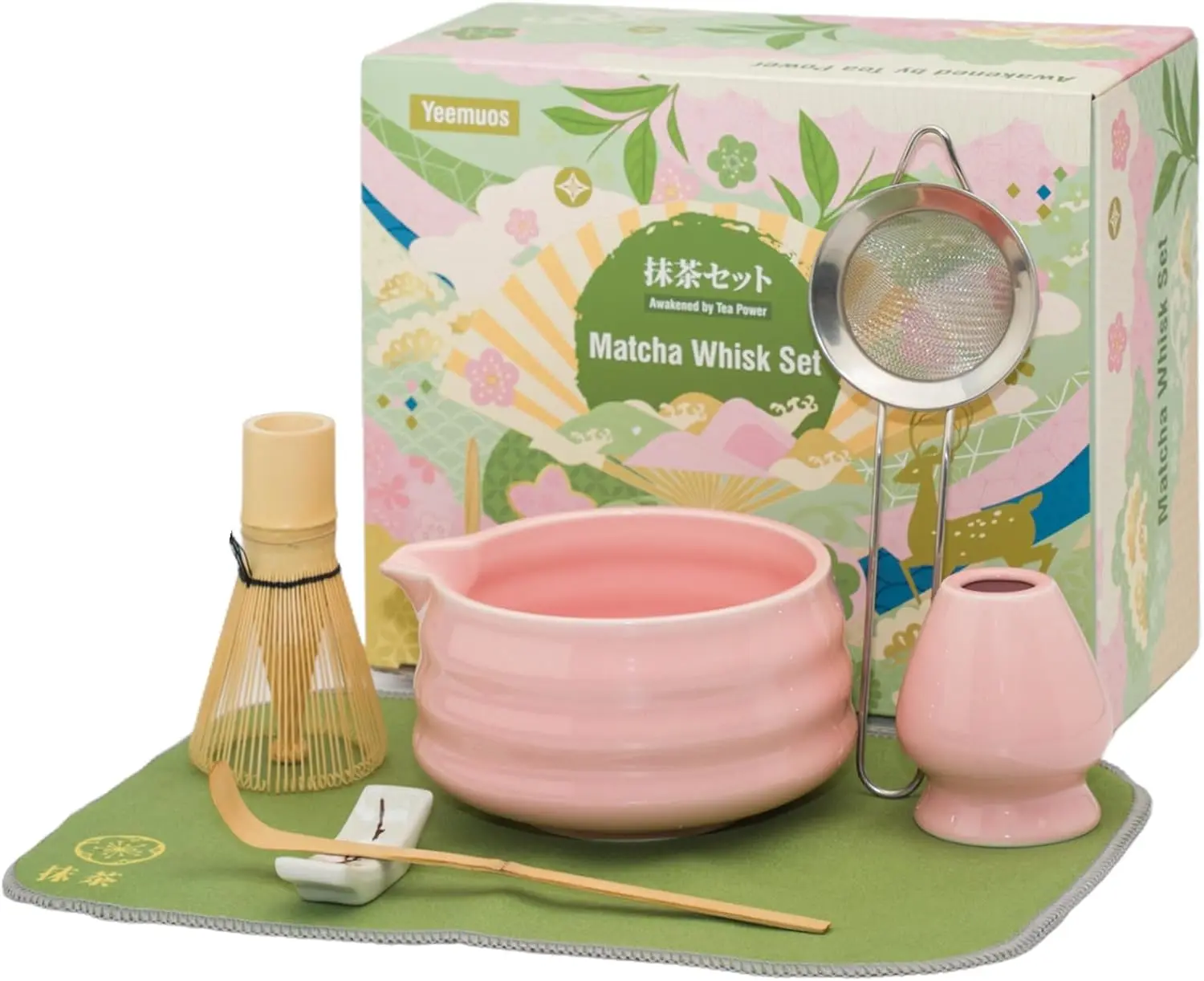 Traditional Thick Steel Blush Pink 7-Piece Bamboo Matcha Making Set with Luxury Gift Box - Matcha at Home Tool for Beginners and Enthusiasts, Includes Chasen Whisk, Round Ceramic Bowl, Sifter, Scoop, Holder, Stand, Tea Towel for Lump-Free Prep