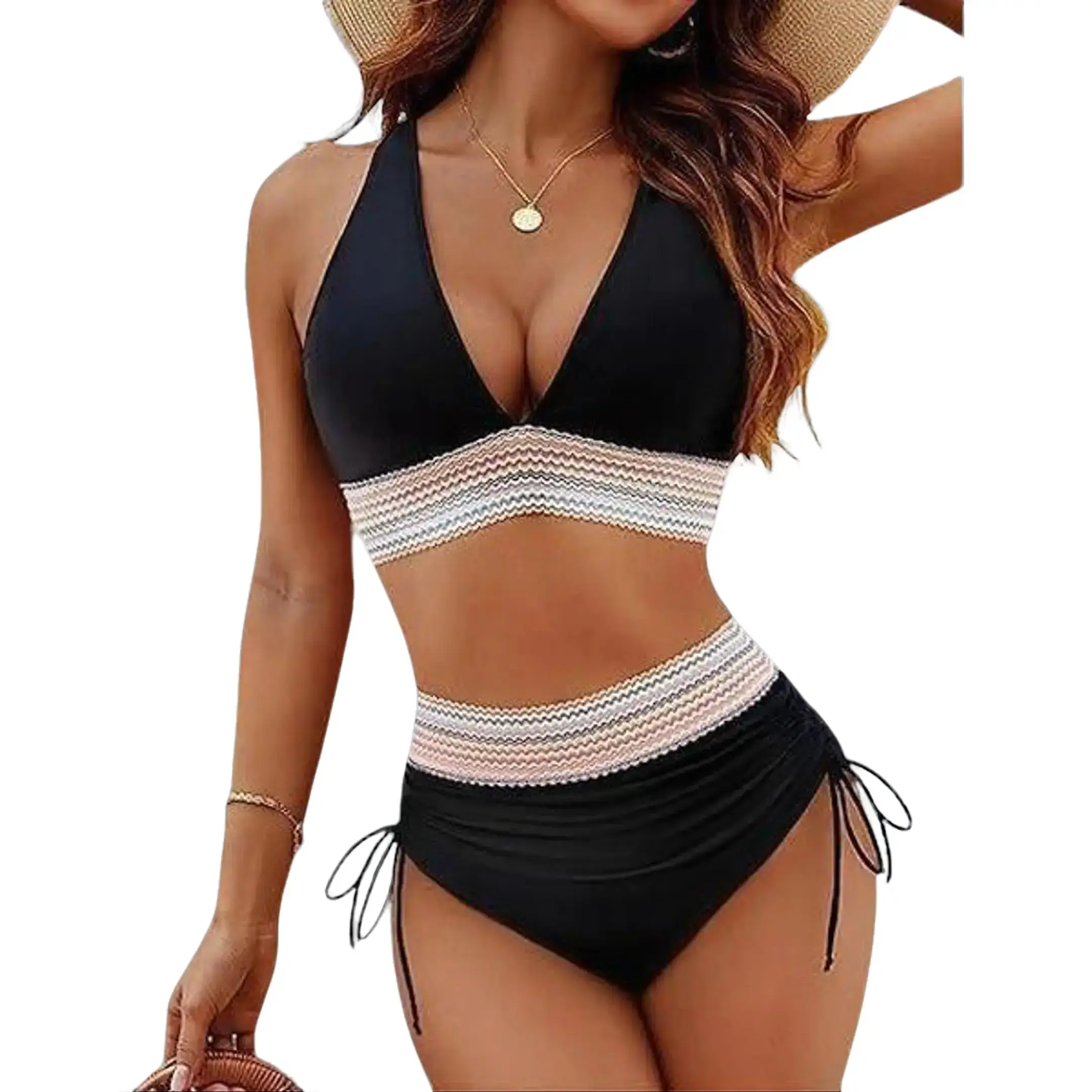 Women's High Waisted Bikini Set, Stretchy Colorblock Wrap Top with Tummy Control and Adjustable Wide Straps, High Waisted Bikini Sets, Wrap Bikini, Outdoor Beach