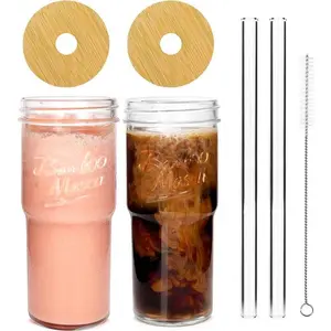24oz Glass Cups with bamboo Lids and Straws 2 Packs, Travel Coffee Mug Wide Mouth Mason Jar Clear Cute Water Drinking Jars Glasses  Drinkware Bottles Set TumblerGift