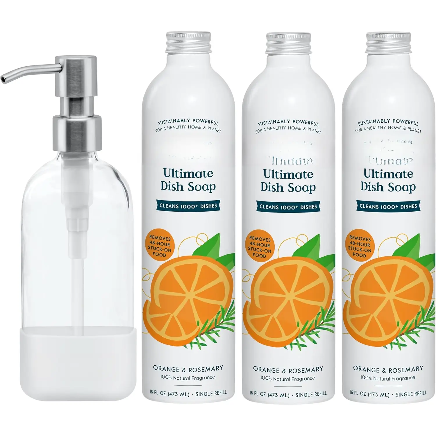 Ultimate Dish Soap Refills (3 x 16 Fl Oz) + Refillable Glass Dish Soap Dispenser for Kitchen Sink with Non-Slip  Sleeve, Plastic Free Cleaning Products, Orange & Rosemary