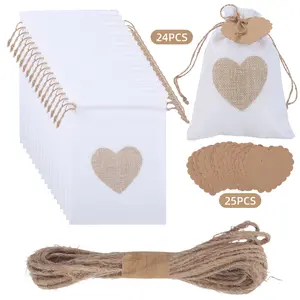 24 Pcs Linen Storage Gift Bag - Drawstring Pocket with 25 Tag Tags and 1 Roll of Hemp Rope, Reusable, Suitable for Weddings, Parties, Christmas, Halloween