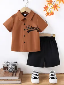 Boys' Breathable Summer Set, Perfect for School & Outdoor Activities, 'future 24' Print Short Sleeve Button Shirt & Shorts, Fashion Street Style