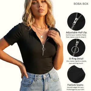 Women's Ribbed Knit Henley Top for Casual Wear, Short Sleeve V Neck Zip Up Slim Fit Shirt