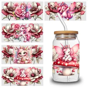 5 Sheets Unicorn Flower UV DTF Stickers Design UV DTF Cup Packaging Transfer Waterproof Self-Adhesive Paper for 16oz Glass Mug Water Bottle Cup Practical Wrap, 3d Crystal Label Waterproof And Scratch - High Quality
