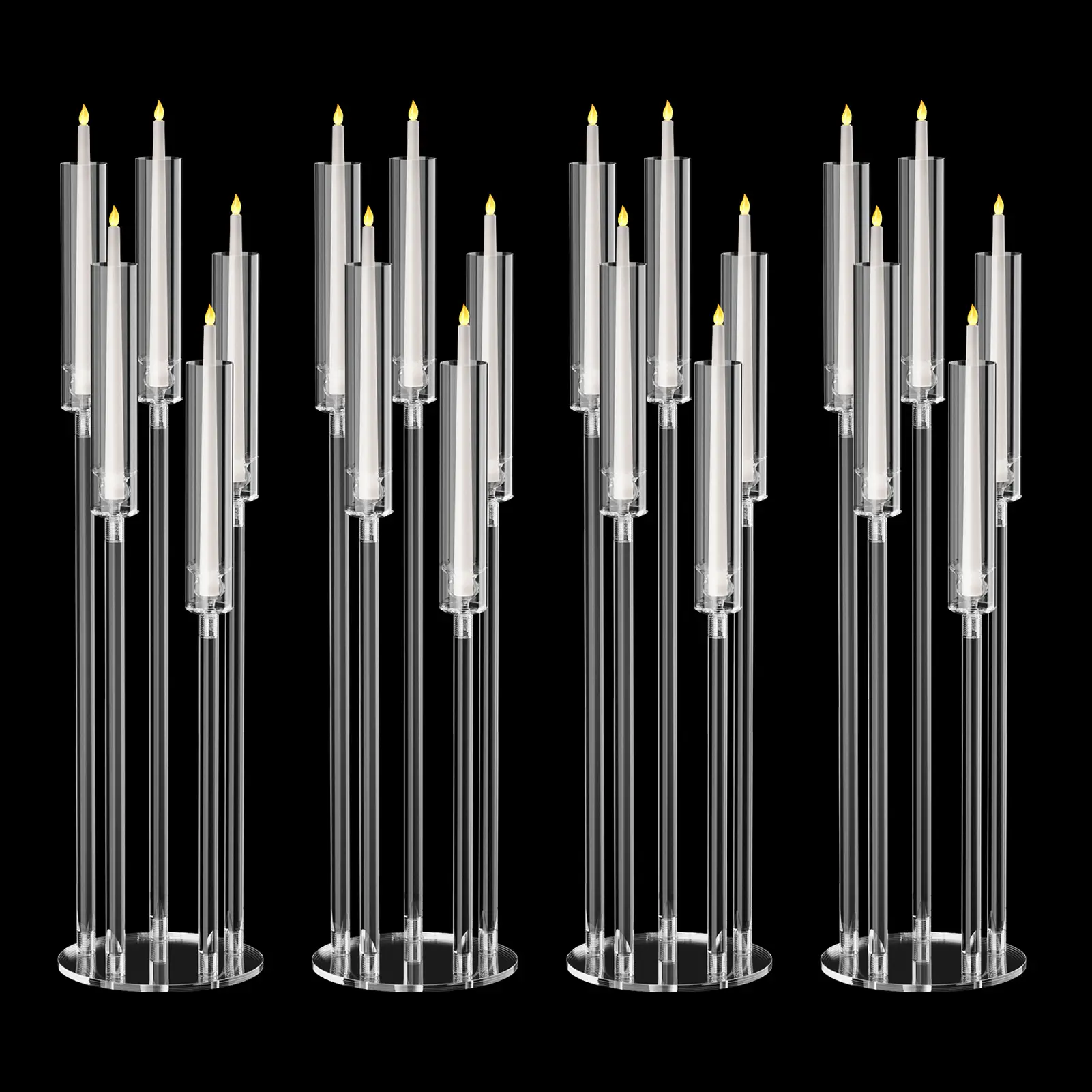 Candelabra Centerpieces, Tall Candelabra, Clear Candle Taper Candlestick Holders, 5 Arm Candlesticks Holder with Acrylic Shade, LED Candle for Wedding Dinner Party