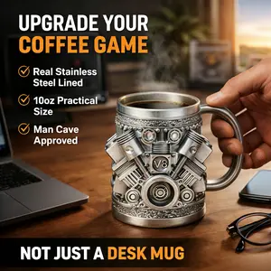 V8 Engine Style Car Coffee Mug 10oz – Stainless Steel Lined Cup with Handle, Unique Car Lover Coffee Cup for Home Kitchen Office Gift for Men