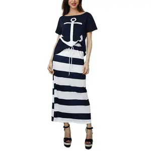 LYD- Dresses for women Women's Boat Anchor Print T-Shirt & Striped Drawstring Skirt Set Womenswear Clothes -LYD home wear lacey tank top active Solid Color Pantsuit 2-piece summer outfits Tween Girl Casual Commuting Denim Knit Patchwork Suits Two-Piece