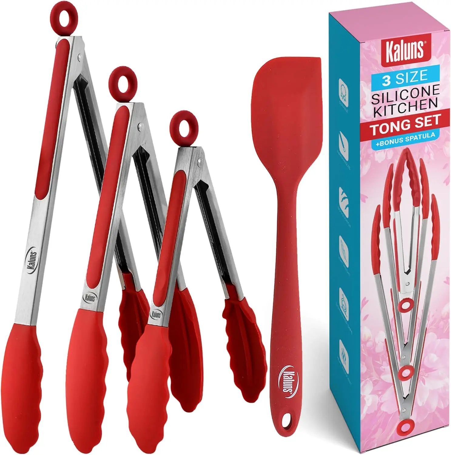 Kaluns Kitchen Tongs, Set of 4 Tongs for Cooking and Grilling, Non Scratch Silicone Tip, 7, 9 and 12 Inch Plus Spatula