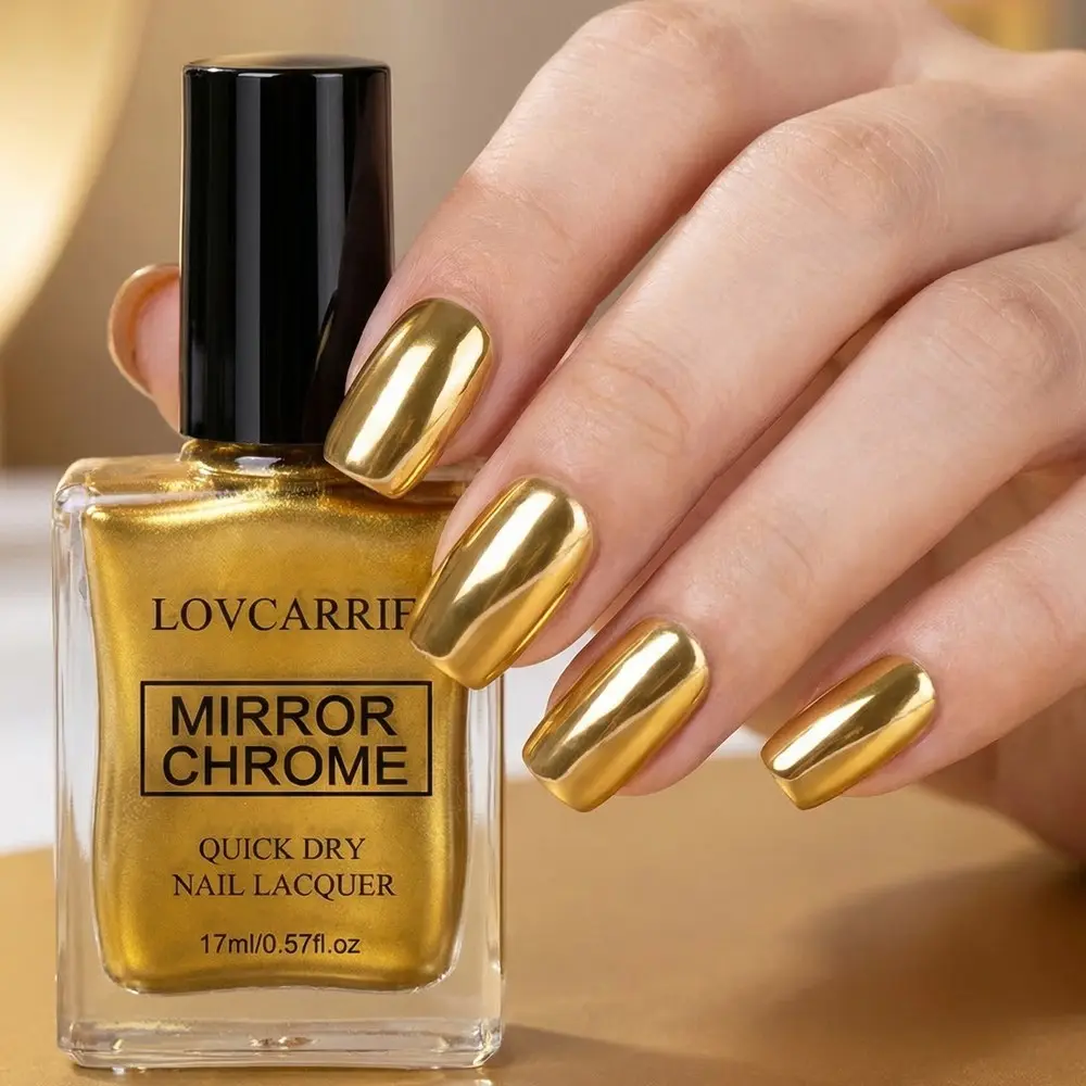 LOVCARRIE 17ml Metallic Golden Nail Polish, Nail Polish Treatment, Chrome Nails, All in One Nail Strengthener, Glossy, Fast-Drying, Alcohol-Free, No Heat Required, Nail Polish Gel, Top Coat Needed for Long Lasting and Mirror Shine