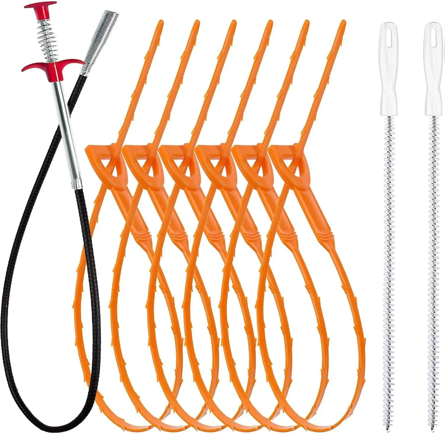 [New deal] - 35.5inch Drain Clog Remover(1pcs), 25inch Drain Snake Hair Remover(6pcs) ＆ Cleaning Brush(2pcs), Hair Catcher Drain Auger Cleaner Tool Set For Toilet, Kitchen Sink, Bathroom Tub, Sewer, 9 Pack