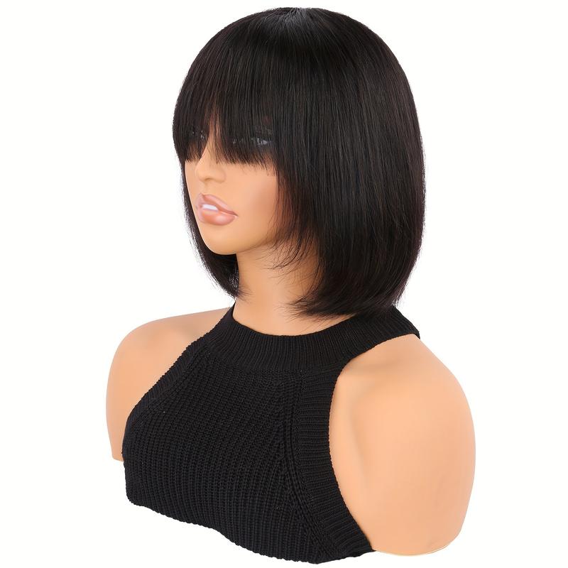 Wholesale Fashionable 10 Inch Short Bob Human Hair Wig with Straight Bangs, Natural Black Color, Density Rose Net Cap for Women, Shoulder-Length Sleek Bob Hairstyle, Middle Part with Neatly Trimmed Ends, Versatile Styling Options, Suitfor All Ethni