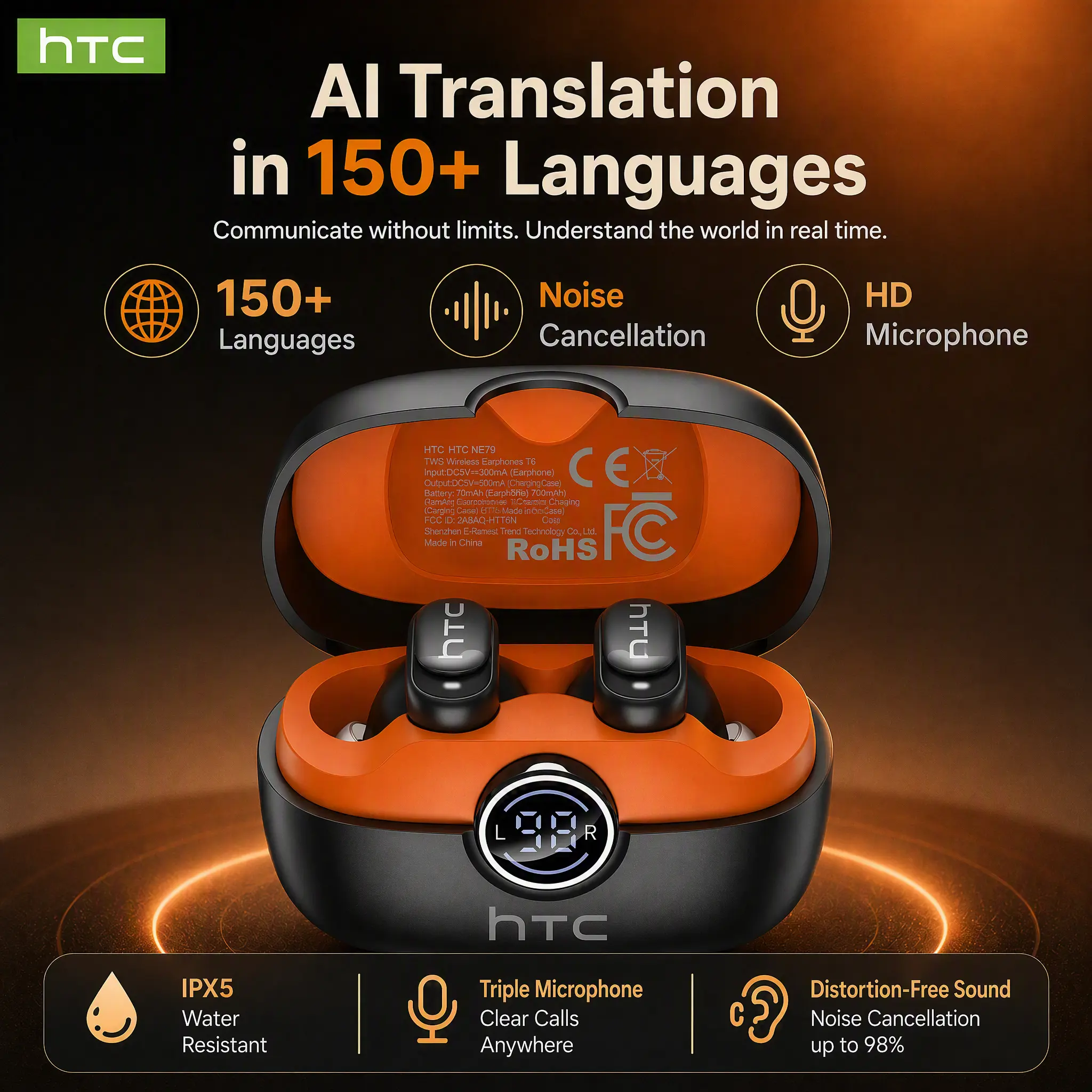 HTC NE79 AI Translation Earbuds, Bluetooth 6.0 In‑Ear Mini Wireless Earbuds, Real‑Time Voice Translator 165+ Languages via APP, IPX5 Waterproof Sport Headphones for Music Calls, Long Battery Life Bluetooth Earphones