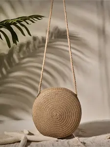 Mini Minimalist Boho Straw Bag Round Handwoven Crossbody Bag for Women Summer Beach Travel Vacation Handheld Shoulder Bag Lightweight Woven Tote Bag