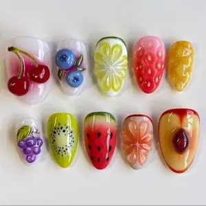 Chic Nail Studio Luxury Summer Fruits Press-On Nails, 3D Cherry, Blueberry, Lime, Strawberry, Pineapple, Grape, Kiwi, Watermelon, Orange, Peach, Custom Press-On Nail, Vacation, Picnic, Gifts for Her