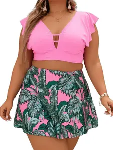 Plus Size Pink Ruffle Sleeve Tankini Swim Skirt Set, Tropical Palm Print V-Neck Cutout Two-Piece Swimsuit, Tummy Control Slimming Swimwear for Women Beach Vacation