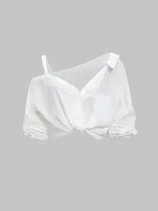 1 Spring Summer Asymmetric Cold Shoulder Blouse Women | Collared Button Down Textured Fabric 3/4 Sleeve | Clean Girl Casual Chic Style for Daily Vacation Beach Travel