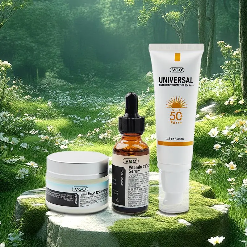vgo 3-in-1 skincare Vitamin C Facial Serum, Snail Mucin 92% Moisturizer & Universal Tinted Moisturizer SPF 50+ – For All Skin Types.  Hydrates, Protects Sun, Soothes & Repairs. Light, Fast-Absorbing SkincareMustHaves barrier moisturizer