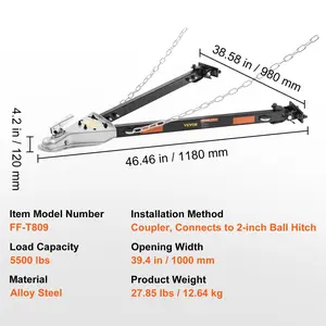 VEVOR Tow Bar, 5500 lbs Towing Capacity with Chains, Powder-Coating Alloy Steel Bumper-Mounted Universal Towing Bar, Coupler Fits 2-Inch Ball Hitch, 39.4-Inch Opening Width, for RV Car Trailer Truck