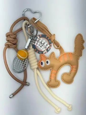 Cute Cat Tennis Bag Charm – Fun Beige Cat Keychain with Racket