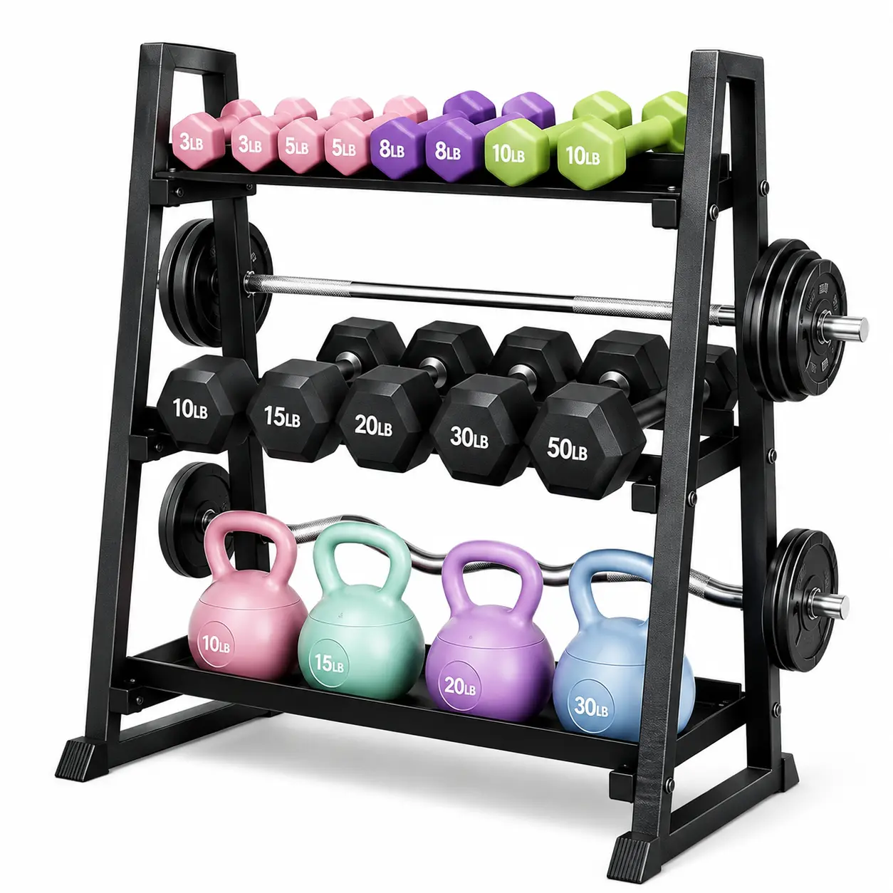 Garvee 3-Tier Heavy Duty Dumbbell Rack, 1300 lb Adjustable Width Steel Weight Storage Stand with Stable Trapezoid Frame, Anti-Slip Feet, Space-Saving Organizer for Dumbbells & Kettlebells, Home Gym Garage Fitness Equipment Rack, Black