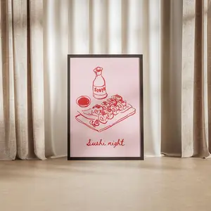 Sushi Night Doodle Wall Print, Girly Dinner Asian Cuisine Poster, Gift Ideas Print Kitchen Food Doodles Pink Red Preppy Minimal Japanese, Unframe