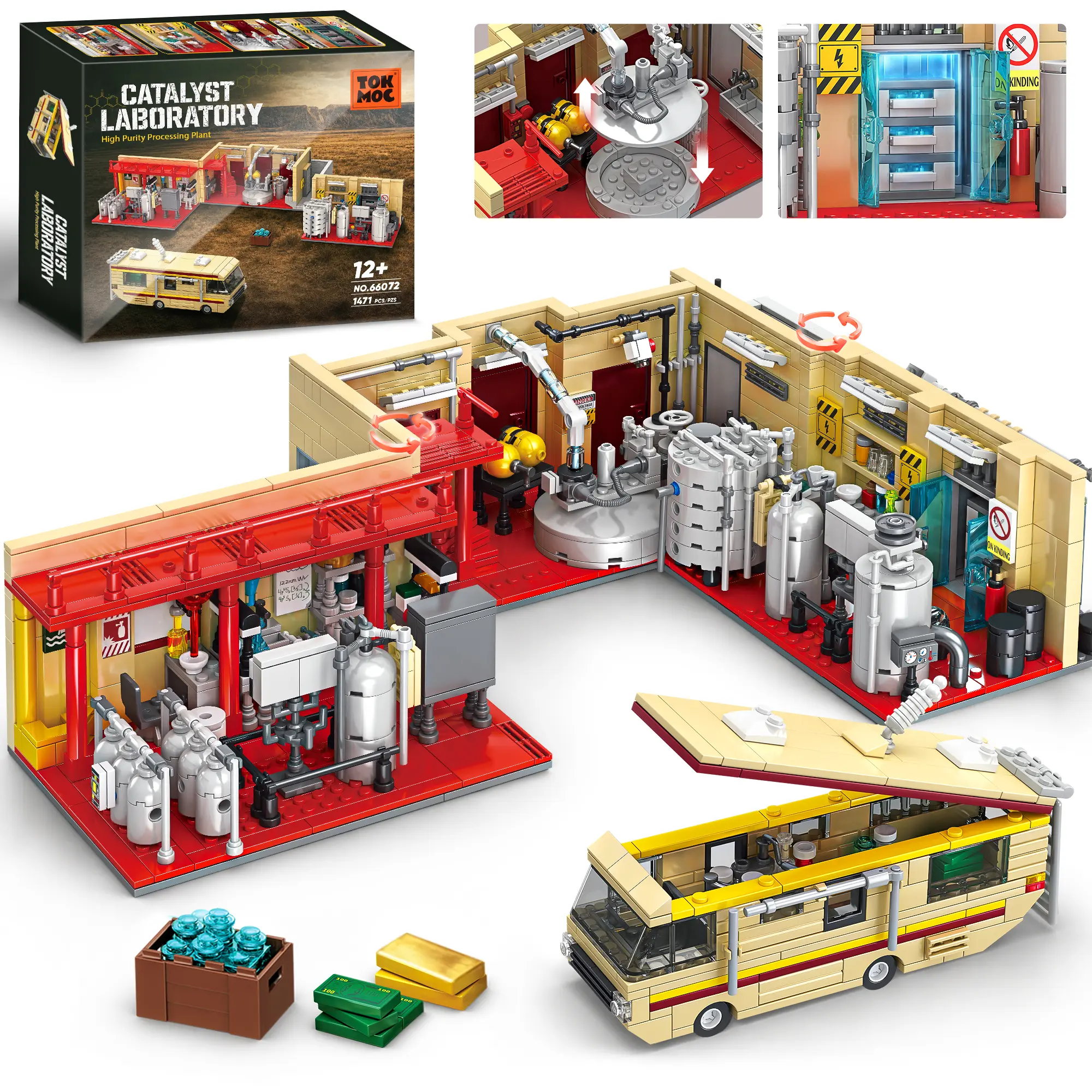 TOKMOC 66072,Yellow Rvs Lab Building Block Set,Upgraded Yellow Laboratory Scene & Camper Van Building Bricks,Classic Camper Van Building Toy Suitable for Birthday Gifts, Movie Fans Collection,For aged 12 and above,Stress relief toy,1471 Piece