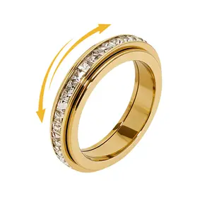 Anxiety Rings for Women and Men Titanium Steel Spinner Fidget Band Rings with Cubic Zirconia for Stress Relief and Wedding Promise Comfort Fit Size 5 to 12