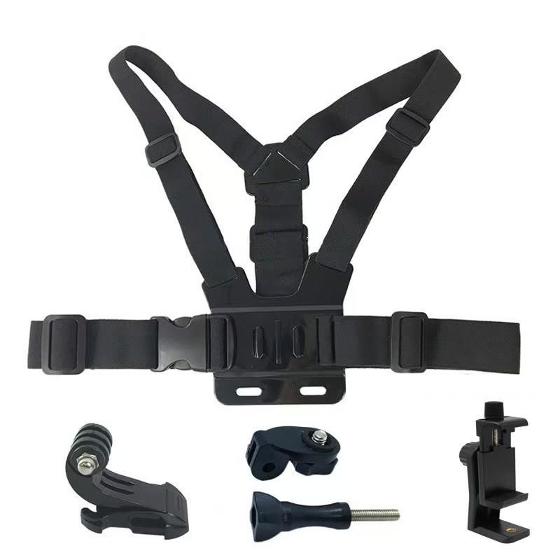 6-in-1 chest-mounted phone holder kit, suitable for sports and action cameras; adjustable strap; compatible with phones and Osmo action cameras; includes camera accessories and device mounts; hands-free first-person shooting; ideal for vlogging, cycling,