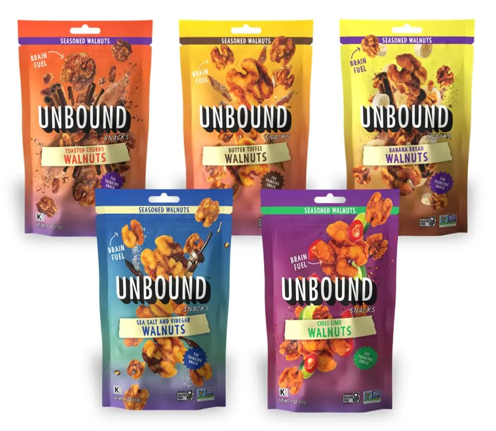 Unbound Snacks Flavored Nuts - Variety Walnuts Sampler, 4 oz (Pack of 5) - Healthy Snacks, 4g Protein, High in Omega 3, Gluten Free, Vegan - Freshly Roasted & Seasoned Gourmet Walnut Halves