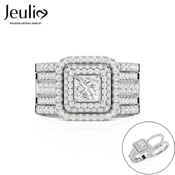 Jeulia Women's 1.1 ct Princess Cut Sparkle Halo Engagement Ring Set, Sterling Silver White Gold-Plated Bridal Statement Ring Set with Cubic Zirconia Halo Frame