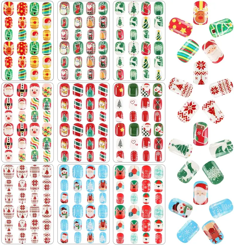 216 Pieces Kids Christmas Press On Nails 9 Pack Full Cover Short Stick On Fake Nails for Girls Cute Holiday Nail Art for Party Favors and Gifts