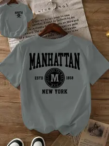 Kids' Casual Short Sleeve Crew Neck T-Shirt, Manhattan New York Vintage Varsity Letter Print, Multiple Colors, Machine Washable, Spring & Summer Top, Soft Skin-Friendly Fabric, Daily Wear, Fashion Design