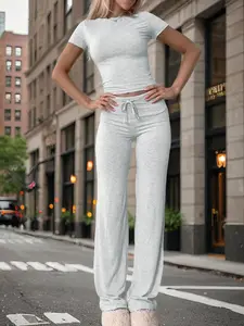 Two-piece Set Women's Solid Crop Tee & Adjustable Drawstring Waist Pants, Casual Fashion Cozy Round Neck Short Sleeve Tee & Trousers for Daily Outdoor Wear, Outfit Sets for Women, Ladies Clothes for All Seasons, Going Out Sets, Summer 2 Piece Set