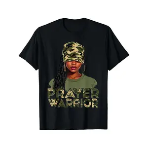 Prayer Warrior Camouflage Print Women's TShirt with Short Sleeves Crew Neck Casual Christian Tee Featuring Bold Lettering and Machine Washable Black Design