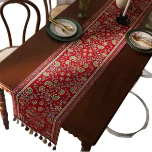 Yimanqiyun Long Tablecloth Festive Red Vine Jacquard Tea Runner TV Cabinet Dining Table Decor