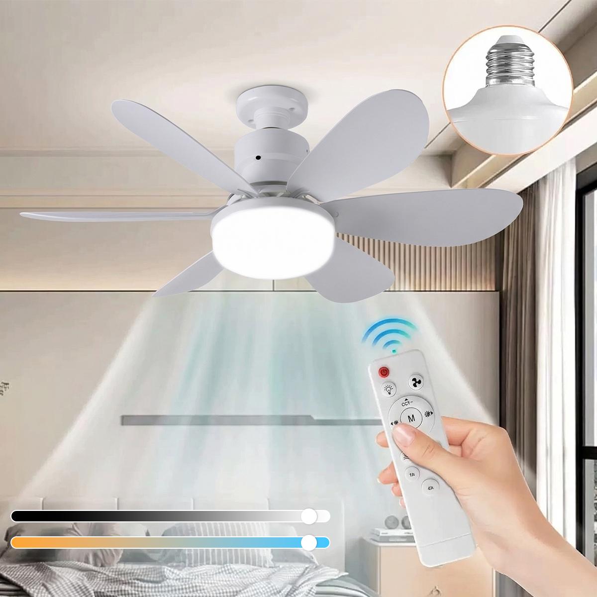 Portable Socket Fan Light with Remote & Intelligent Mobile Phone Control, E27 Ceiling Fan with 3 Lighting Modes for Bedroom, Kitchen, Living Room & Baby Room