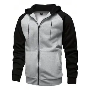 Grey zip-up hooded jacket with black trim, suitable for men’s casual workwear style, multifunctional outdoor lifestyle jacket, winter cotton jacket