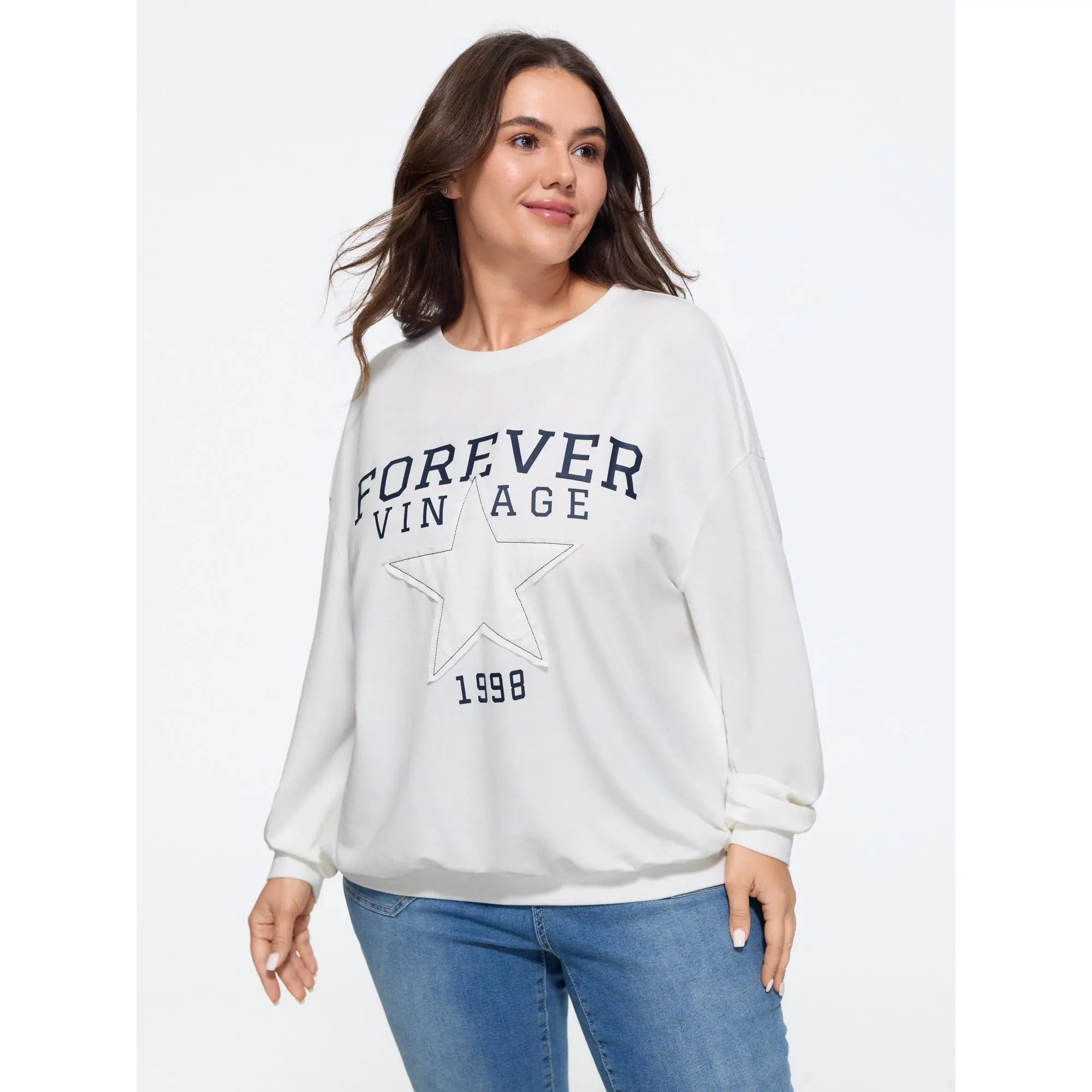 BloomChic Plus Size Vintage Star Patch Letter Print Sweatshirt[M-6X] Back To School,Spotlight Day