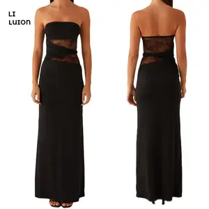 Women's Summer Tube Maxi Dress Sheer Lace Patchwork Sleeveless Strapless Backless Bodycon Ankle Length Dress