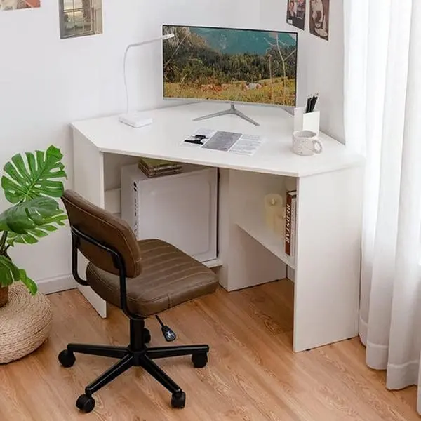 L-Shaped Scratch-Proof Compact White Corner Desk with Storage Shelves, Supports 200lbs, for Home Office Use