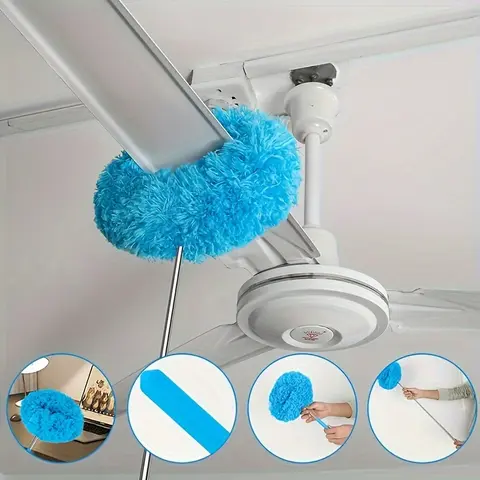 Adjustable Extendable Handle Washable Duster Kit - Perforated Handle, Extension Pole, Microfiber Towel, Duster Replacement Head - Blue, Green, Pink - Ceiling Fan Cleaning Supply, Dust Removal Tool for Home, RVs