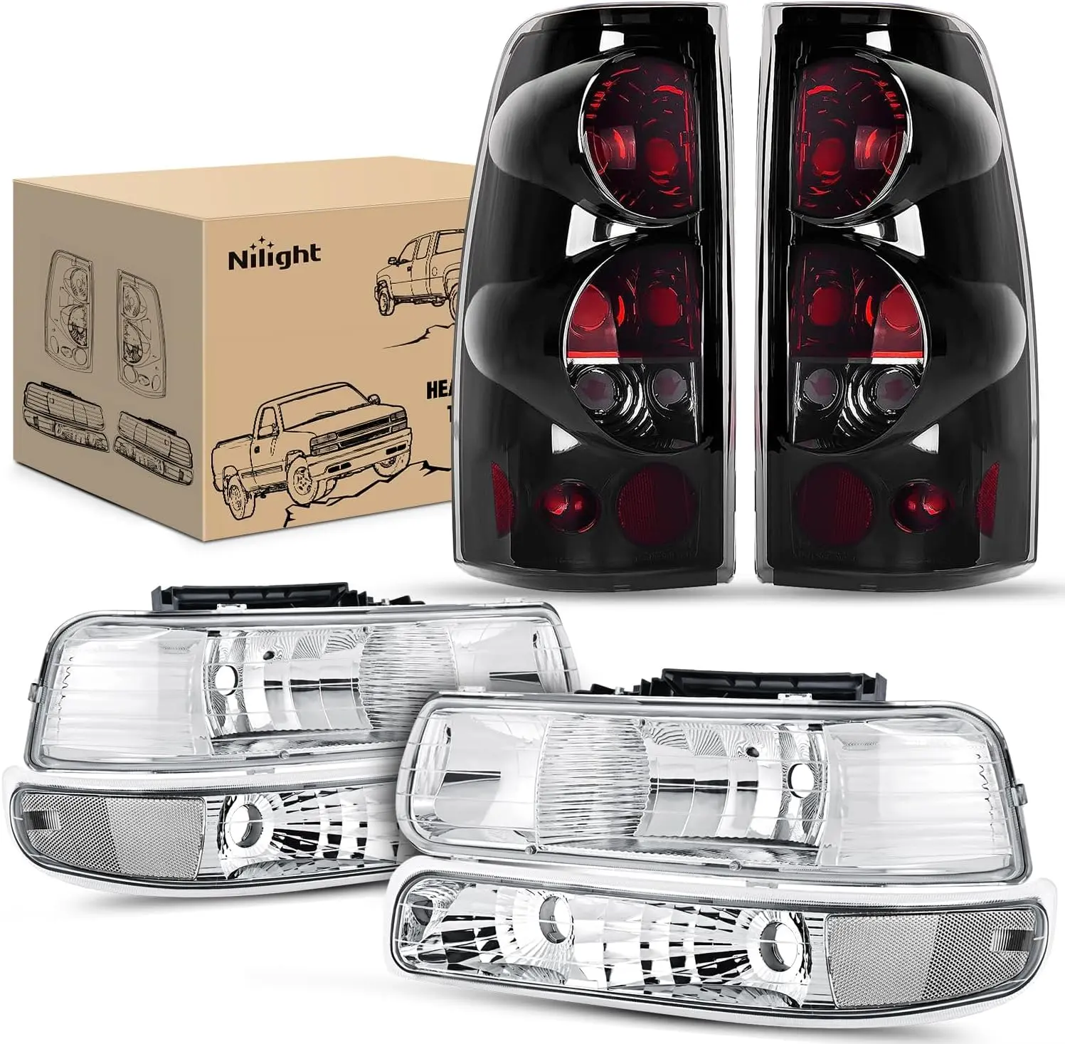 Nilight Truck Headlight & Taillight Full Assembly Set, OE-Style Chrome Housing with Clear Reflector & Smoke Finish, Compatible with 1999-2002 Chevy Silverado 1500/2500 & 2001-2002 Silverado 1500HD/2500HD/3500