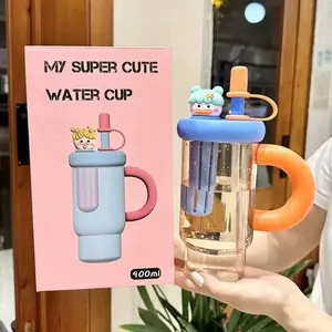 30oz (900ml) CUTE Doll Water Bottle with Built-in Strainer Lid Handle & Straw Leak-Proof Plastic Reusable Cup for Iced Teas Fruit Teas and All Cold Drinks