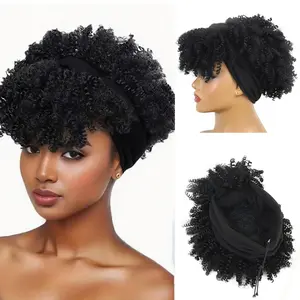 Short woolly tight curl headscarf wig, synthetic fibre fluffy African curls, 8-inch high elastic curly headscarf headband wig one-piece wig, ladies' style