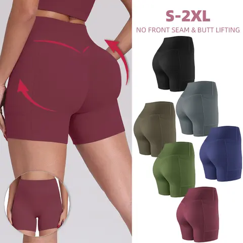 【LOCAL SHIPPING】 1/3/4/6-PACK NO FRONT SEAM & BUTT LIFTING Shorts with Pockets 9-Colors S-2XL - Women's High Waist Tummy Control Shorts with Elastic Waistband Yoga Wear Fitness Yoga Gym Activewear