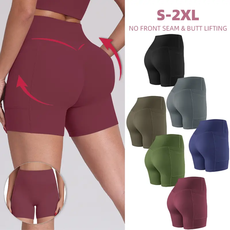 【LOCAL SHIPPING】 1/3/4/6-PACK NO FRONT SEAM & BUTT LIFTING Shorts with Pockets 9-Colors S-2XL - Women's High Waist Tummy Control Shorts with Elastic Waistband Yoga Wear Fitness Yoga Gym Activewear
